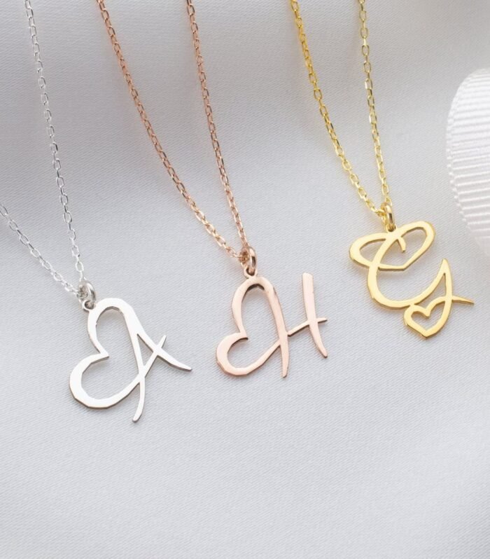 Silver Initial Necklace with Heart